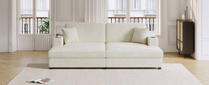 86.5" Oversized Loveseat Chaise Lounge Sectional Sofa Bed Corduroy Sleeper Sofa with Two USB Ports