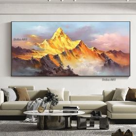 Gold Mountain Oil Painting on Canvas Original Blue Sky Painting Gold Wall Art Abstract Landscape Decor Wall Art Home Decor (size: 75X150CM)