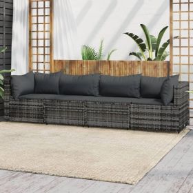 4 Piece Patio Lounge Set with Cushions Gray Poly Rattan (Color: Gray)