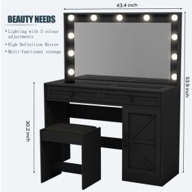 43.4"Makeup Vanity Table, Makeup Table with Large Mirror and 11 LED Light , Brightness Adjustable, Dressing Table Desk with 3 Drawers (Color: as picture)