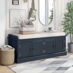 Storage Bench with 4 Doors and Adjustable Shelves,Shoe Bench with Removable Cushion for Living Room,Entryway (Color: Antique Navy, Material: Solid Wood)