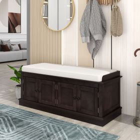 Storage Bench with 4 Doors and Adjustable Shelves,Shoe Bench with Removable Cushion for Living Room,Entryway (Color: Espresso, Material: Solid Wood)