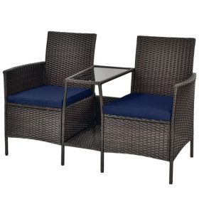 Rattan Patio Conversation Set Cushioned with Glass Table (Color: Navy)