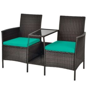 Rattan Patio Conversation Set Cushioned with Glass Table (Color: Turquoise)