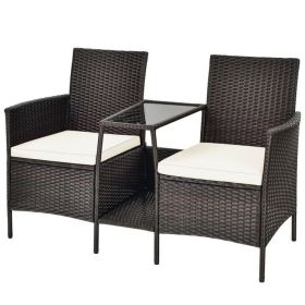 Rattan Patio Conversation Set Cushioned with Glass Table (Color: White)