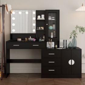 Large Makeup Vanity with Lights, Vanity Table with Charging Station, Vanity Desk with Mirror and 10 LED Light Bulbs (Color: as picture)