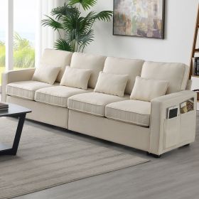 [VIDEO provided] [New] 104" 4-Seater Modern Linen Fabric Sofa with Armrest Pockets and 4 Pillows,Minimalist Style Couch for Living Room, Apartment (Color: as Pic)